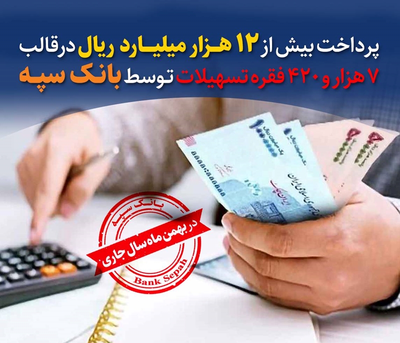 پرداخت بیش از 12 هزار میلیارد ریال در قالب 7 هزار و 420 فقره تسهیلات توسط بانک سپه 